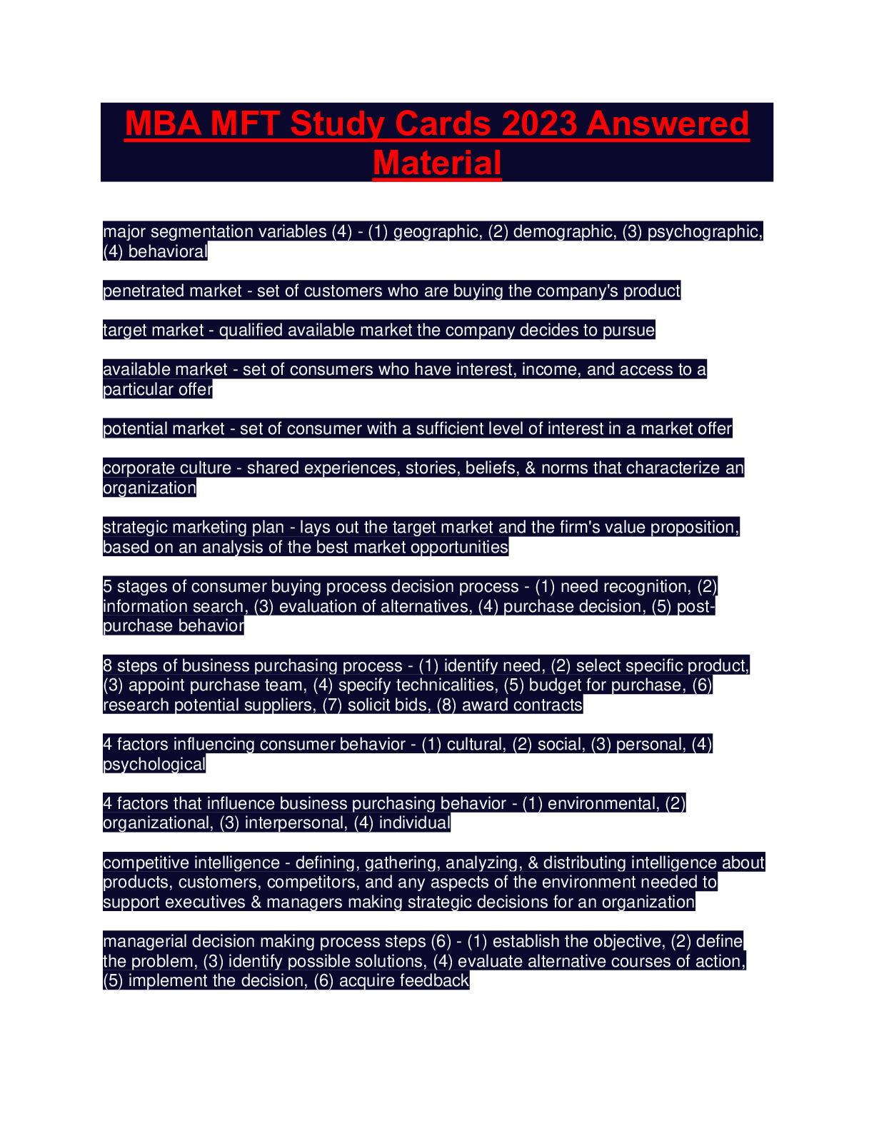 Preview image for MBA MFT Study Cards 2023 Answered Material